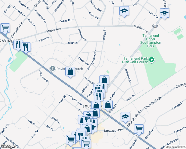 map of restaurants, bars, coffee shops, grocery stores, and more near 835 Willow Street in Southampton