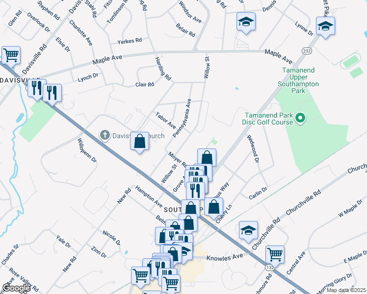 map of restaurants, bars, coffee shops, grocery stores, and more near 835 Willow Street in Southampton