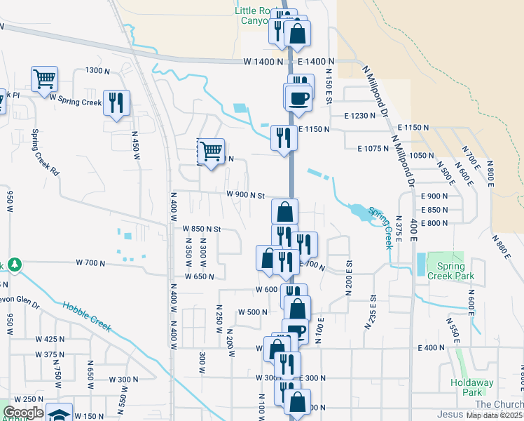 map of restaurants, bars, coffee shops, grocery stores, and more near 79 West 900 North Street in Springville