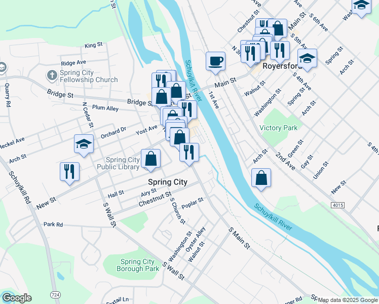 map of restaurants, bars, coffee shops, grocery stores, and more near 33 North Main Street in Spring City