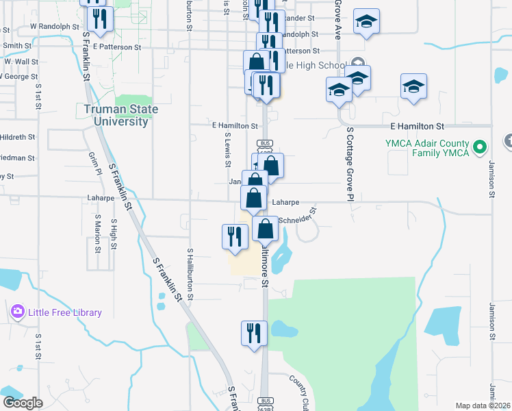 map of restaurants, bars, coffee shops, grocery stores, and more near 1902 South Baltimore Street in Kirksville