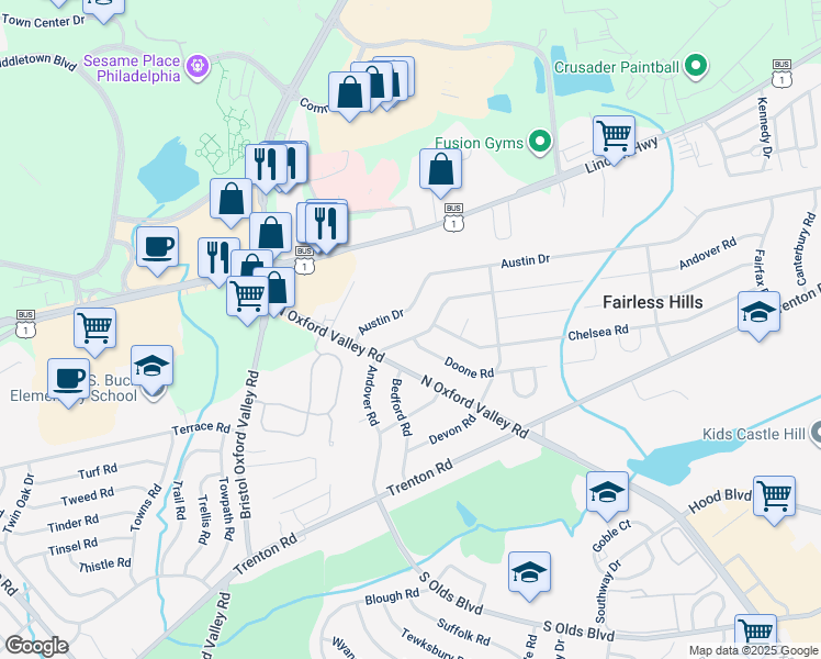 map of restaurants, bars, coffee shops, grocery stores, and more near 215 Andover Road in Fairless Hills