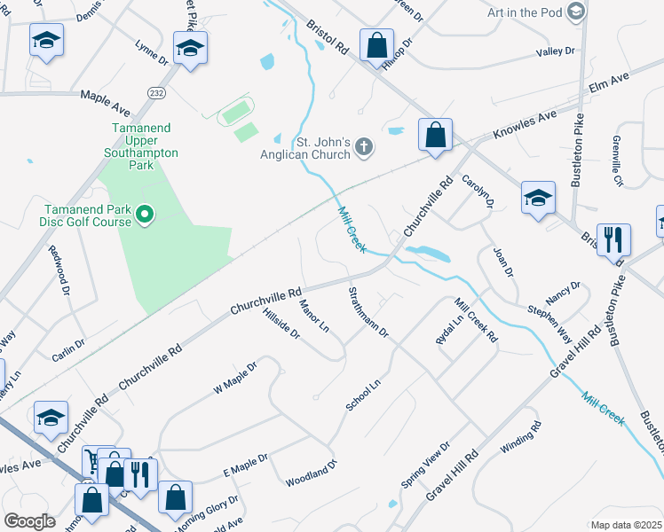 map of restaurants, bars, coffee shops, grocery stores, and more near 1140 Strathmann Drive in Southampton