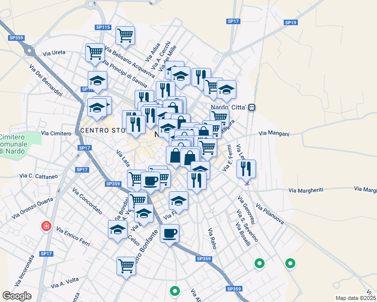 map of restaurants, bars, coffee shops, grocery stores, and more near 16 Via Generale Cantore in Nardò
