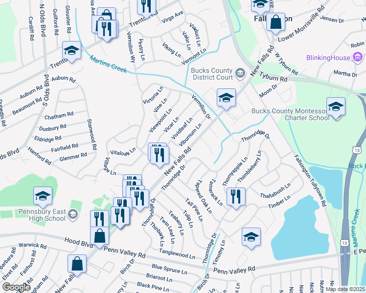 map of restaurants, bars, coffee shops, grocery stores, and more near 26 Viburnum Lane in Levittown