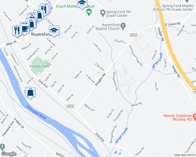map of restaurants, bars, coffee shops, grocery stores, and more near 415 Vaughn Road in Royersford