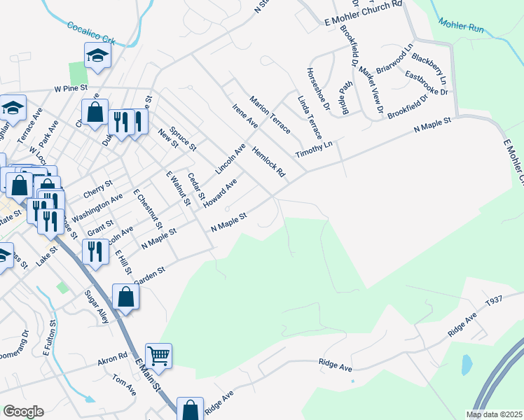 map of restaurants, bars, coffee shops, grocery stores, and more near 485 North Maple Street in Ephrata