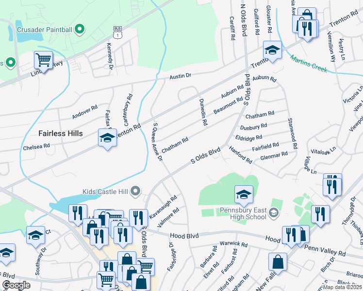 map of restaurants, bars, coffee shops, grocery stores, and more near 616 Chatham Road in Fairless Hills