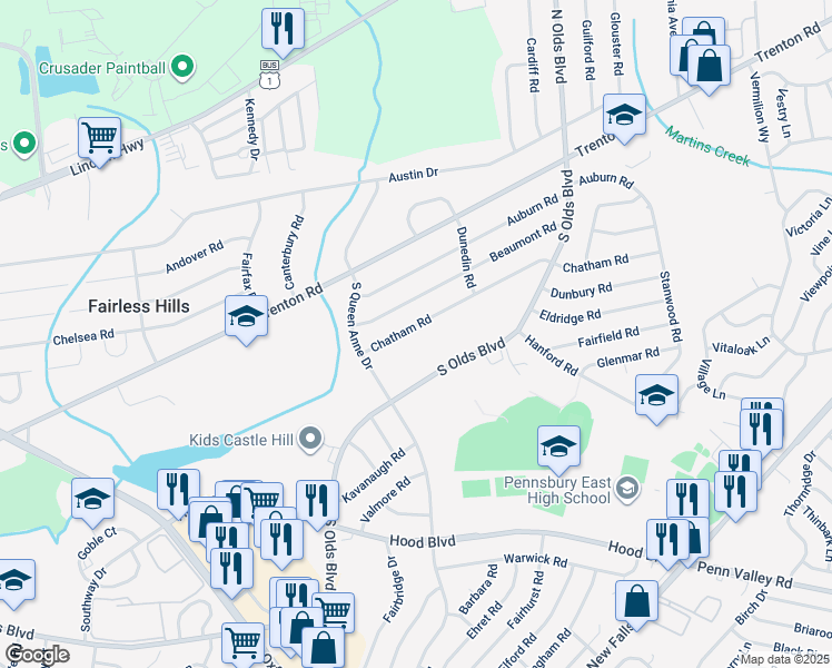 map of restaurants, bars, coffee shops, grocery stores, and more near 616 Chatham Road in Fairless Hills