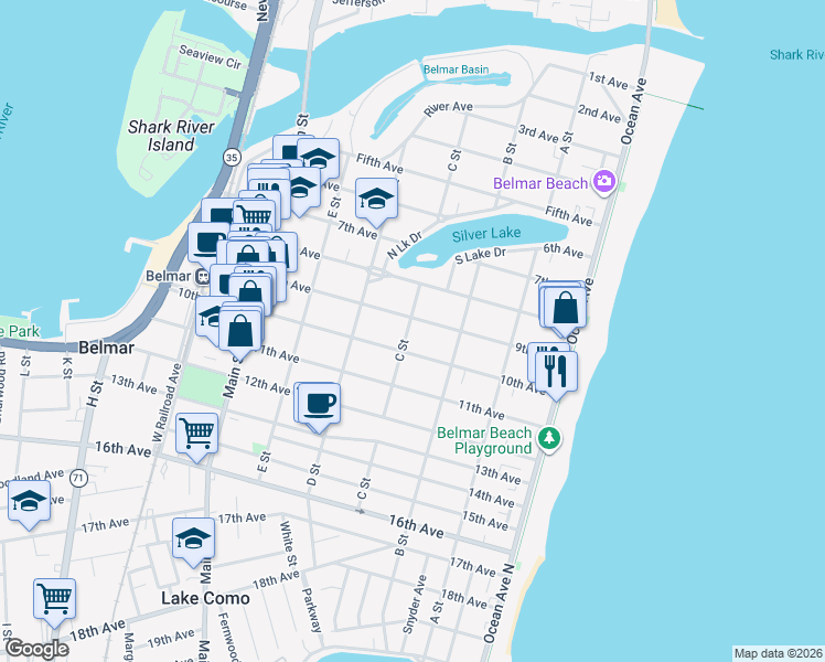 map of restaurants, bars, coffee shops, grocery stores, and more near 900 C Street in Belmar