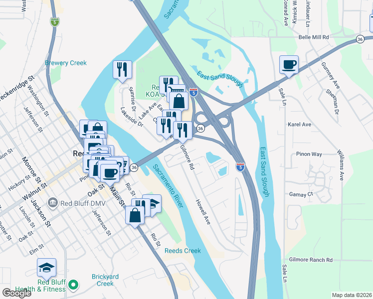 map of restaurants, bars, coffee shops, grocery stores, and more near 40 Gilmore Road in Red Bluff