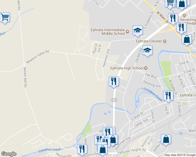 map of restaurants, bars, coffee shops, grocery stores, and more near 1226 Hammon Avenue in Ephrata