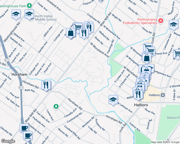 map of restaurants, bars, coffee shops, grocery stores, and more near 249 Village Drive in Horsham