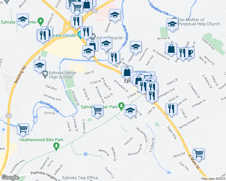 map of restaurants, bars, coffee shops, grocery stores, and more near 105 West Fulton Street in Ephrata