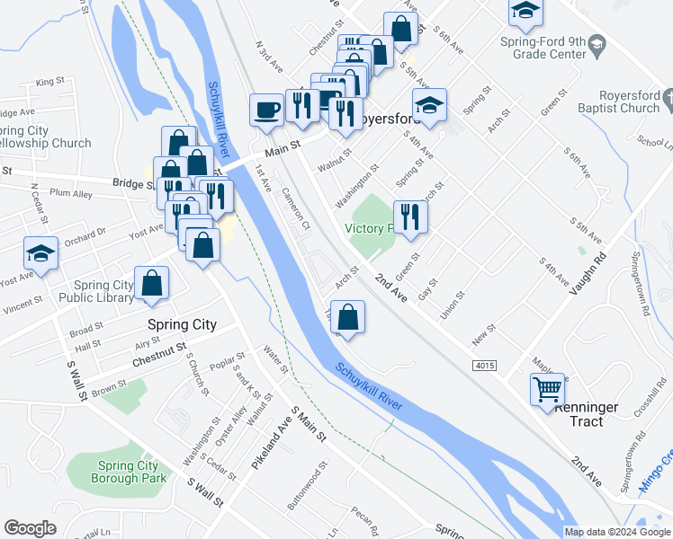 map of restaurants, bars, coffee shops, grocery stores, and more near 4104 Diamond Place in Royersford