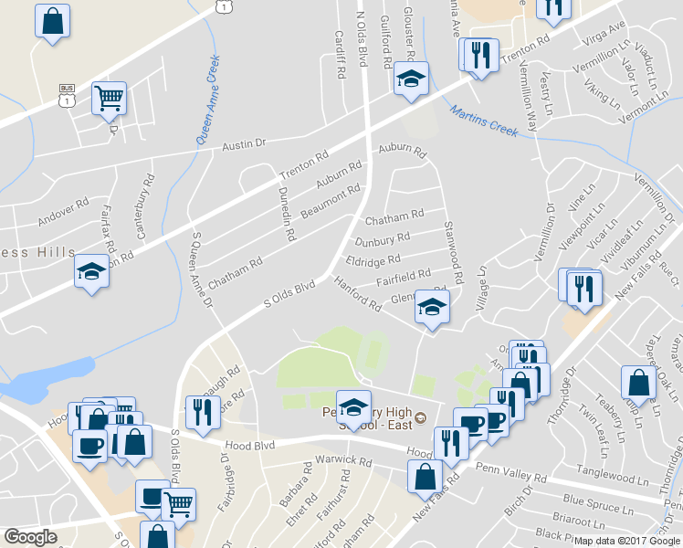 map of restaurants, bars, coffee shops, grocery stores, and more near 803 Hanford Road in Fairless Hills