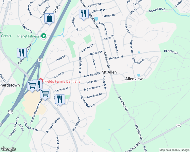 map of restaurants, bars, coffee shops, grocery stores, and more near 13 Kim Acres Drive in Mechanicsburg