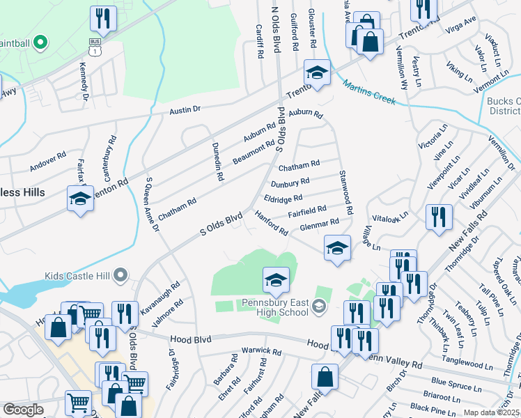map of restaurants, bars, coffee shops, grocery stores, and more near 803 Hanford Road in Fairless Hills