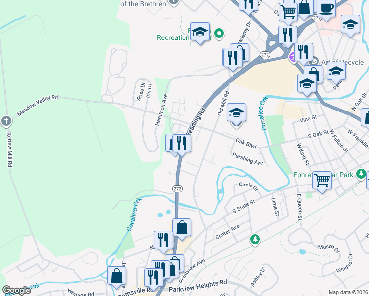 map of restaurants, bars, coffee shops, grocery stores, and more near 13 Crystal Avenue in Ephrata
