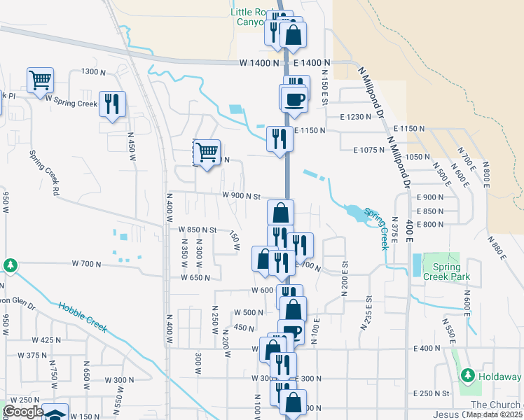 map of restaurants, bars, coffee shops, grocery stores, and more near 77 West 900 North in Springville