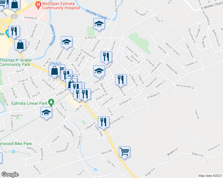 map of restaurants, bars, coffee shops, grocery stores, and more near 228 Grant Street in Ephrata