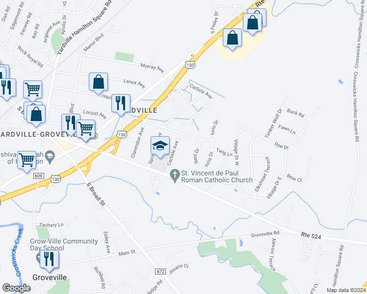 map of restaurants, bars, coffee shops, grocery stores, and more near 97 Carlisle Avenue in Trenton