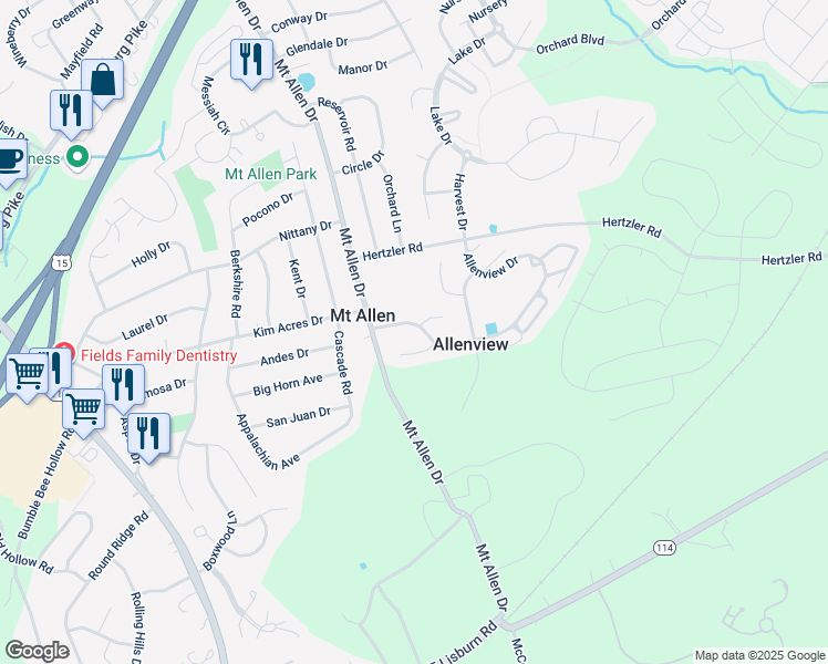 map of restaurants, bars, coffee shops, grocery stores, and more near 304 Allenview Drive in Mechanicsburg