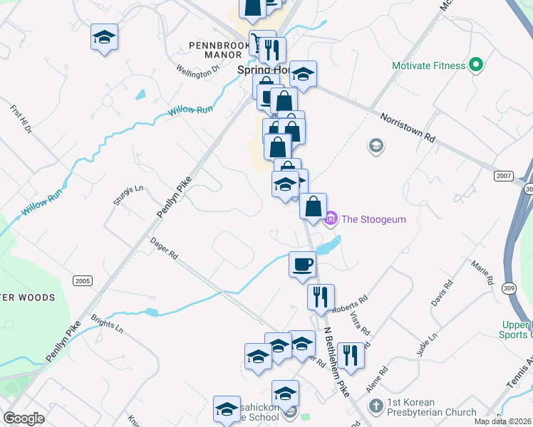 map of restaurants, bars, coffee shops, grocery stores, and more near 840 Foxfield Road in Spring House