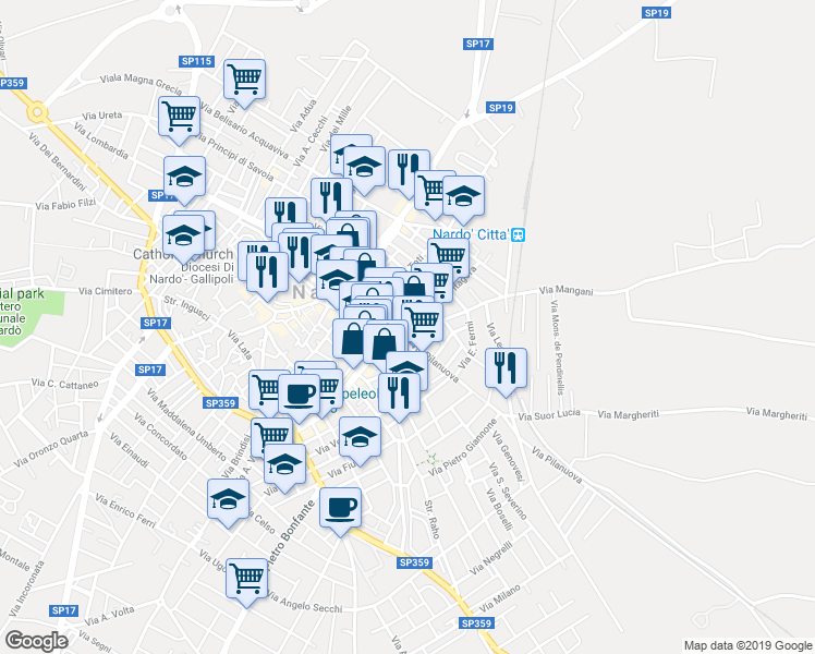 map of restaurants, bars, coffee shops, grocery stores, and more near 16 Via Generale Cantore in Nardò