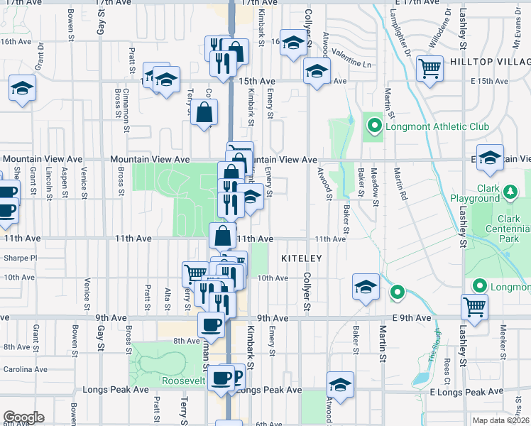 map of restaurants, bars, coffee shops, grocery stores, and more near 1139 Emery Street in Longmont