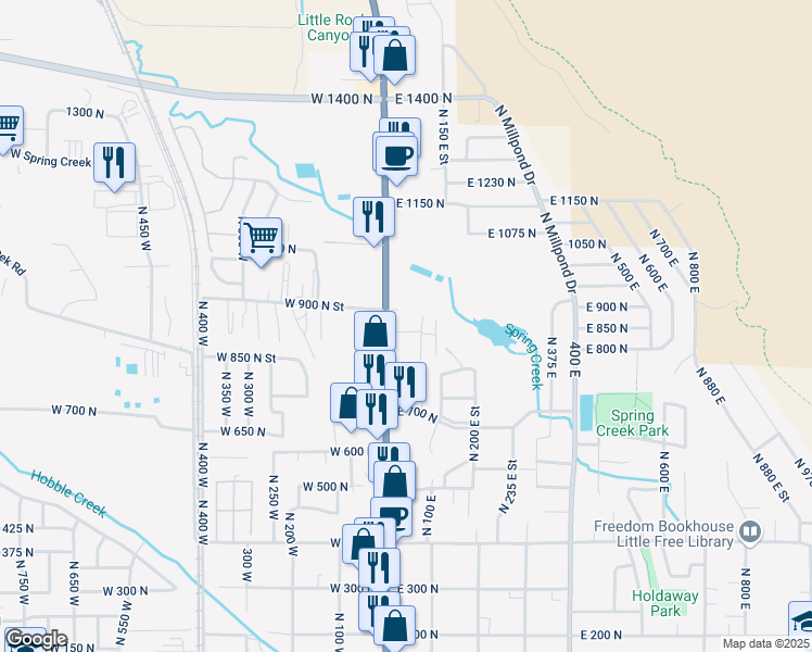 map of restaurants, bars, coffee shops, grocery stores, and more near 875 North Main Street in Springville