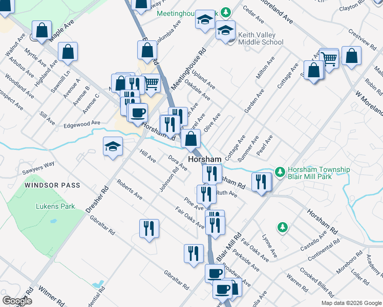 map of restaurants, bars, coffee shops, grocery stores, and more near in Horsham