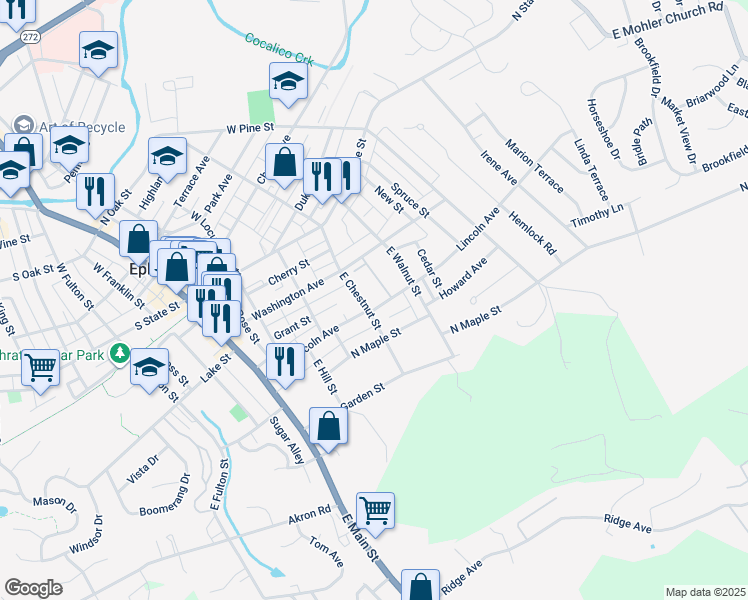 map of restaurants, bars, coffee shops, grocery stores, and more near 136 East Chestnut Street in Ephrata