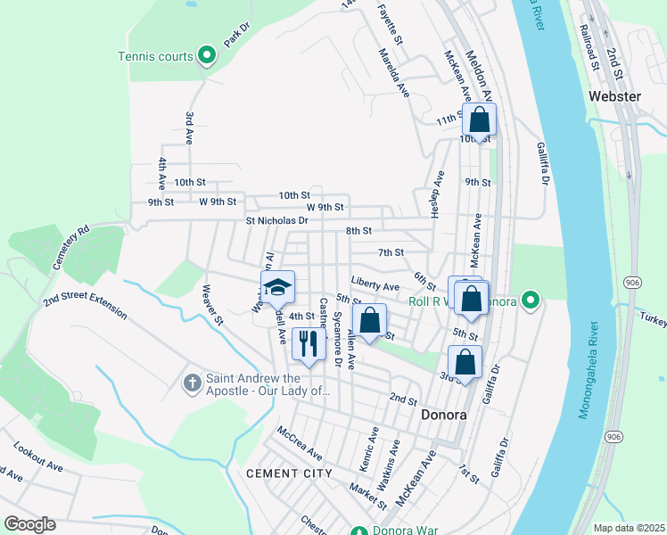 map of restaurants, bars, coffee shops, grocery stores, and more near 600 Castner Avenue in Donora