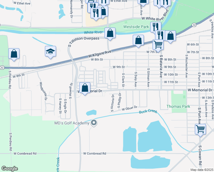 map of restaurants, bars, coffee shops, grocery stores, and more near Unnamed Road in Muncie