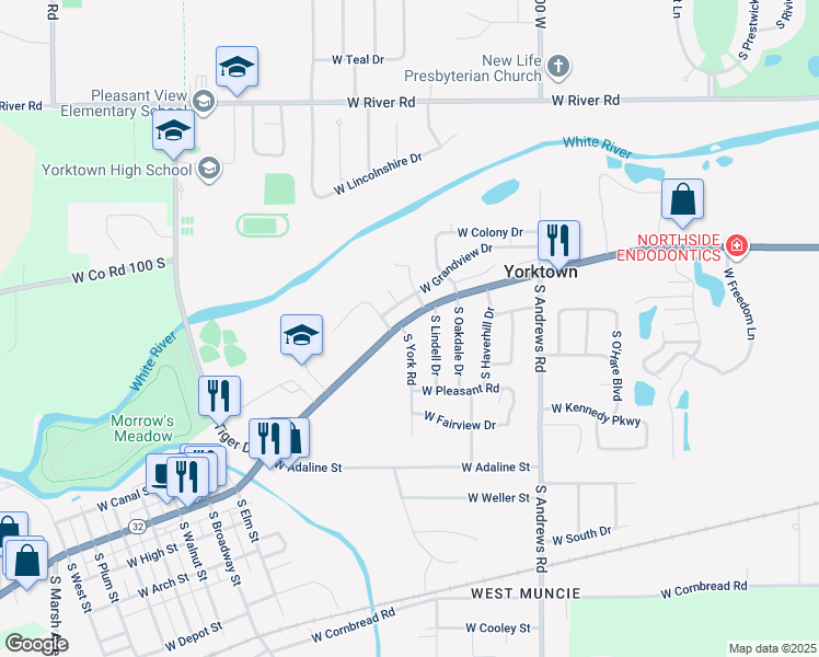 map of restaurants, bars, coffee shops, grocery stores, and more near 1500 South Pleasantview Drive in Yorktown