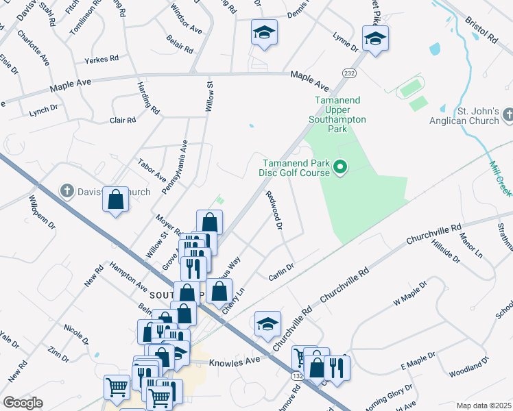 map of restaurants, bars, coffee shops, grocery stores, and more near 961 2nd Street Pike in Southampton