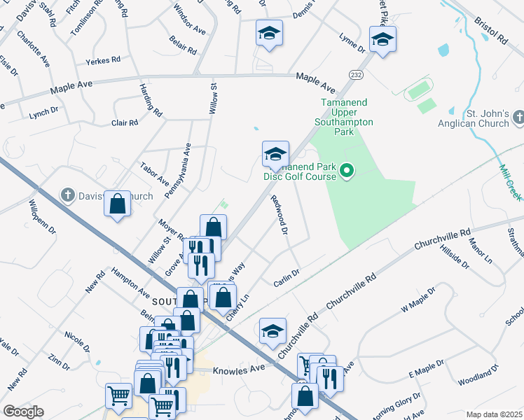 map of restaurants, bars, coffee shops, grocery stores, and more near 961 2nd Street Pike in Southampton