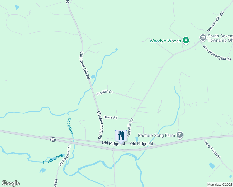 map of restaurants, bars, coffee shops, grocery stores, and more near Franklin Drive in Chester County