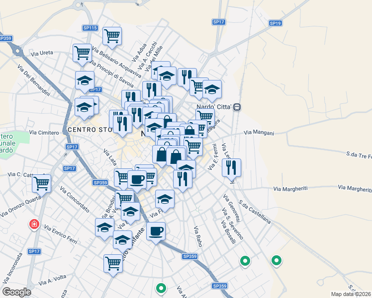 map of restaurants, bars, coffee shops, grocery stores, and more near 16 Via Generale Cantore in Nardò