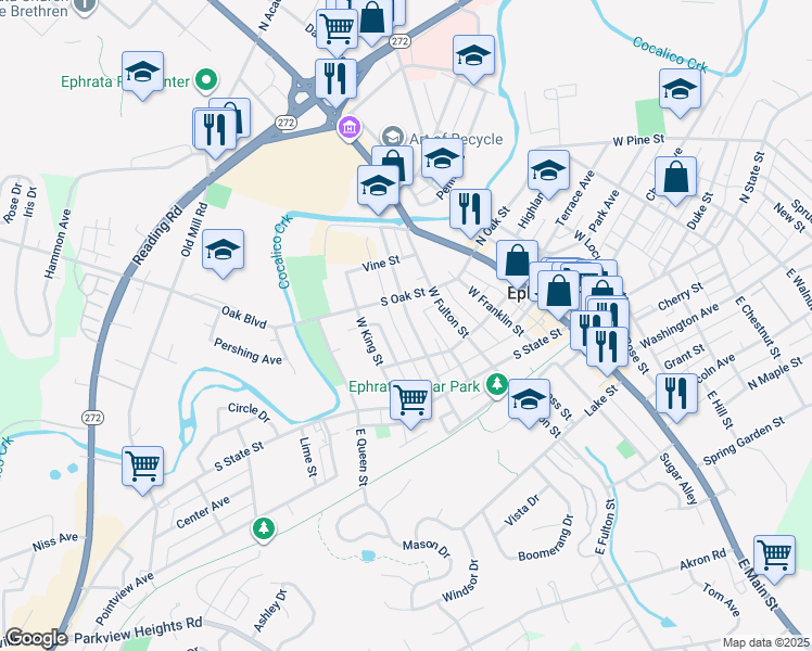 map of restaurants, bars, coffee shops, grocery stores, and more near 134 West Sunset Avenue in Ephrata