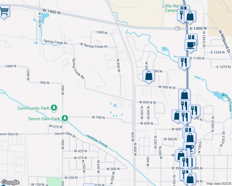 map of restaurants, bars, coffee shops, grocery stores, and more near 855 North 450 West in Springville