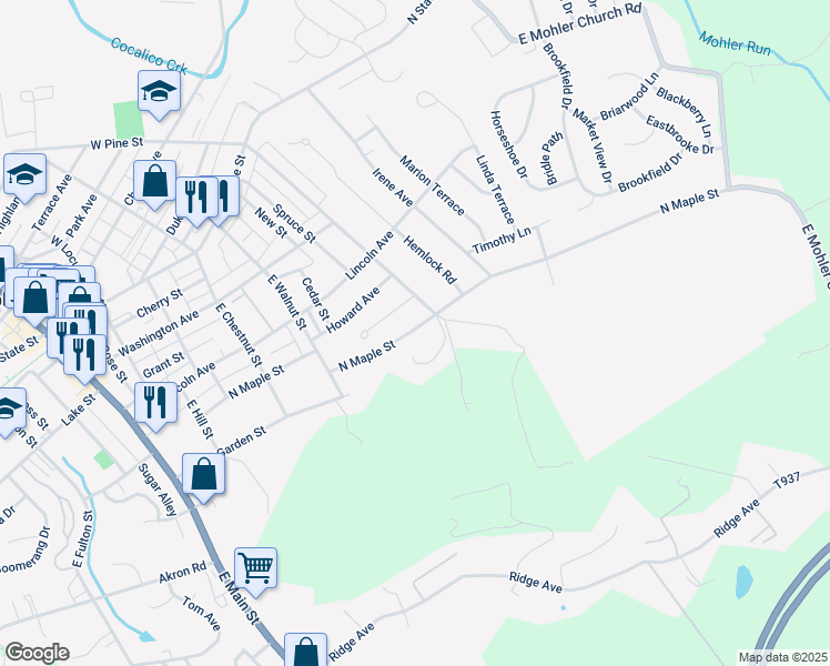 map of restaurants, bars, coffee shops, grocery stores, and more near 485 North Maple Street in Ephrata