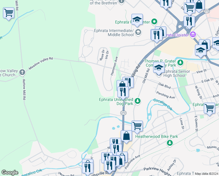 map of restaurants, bars, coffee shops, grocery stores, and more near 1173 Hammon Avenue in Ephrata