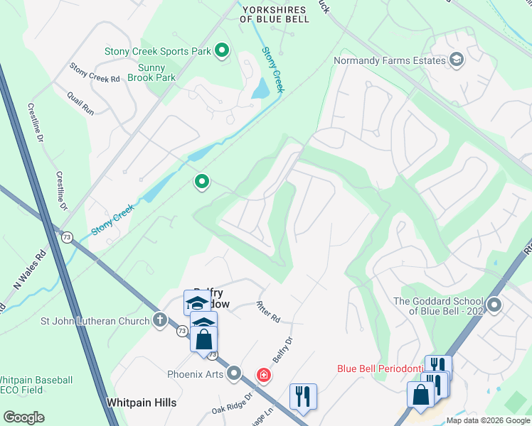 map of restaurants, bars, coffee shops, grocery stores, and more near 109 Gleneagles Drive in Blue Bell