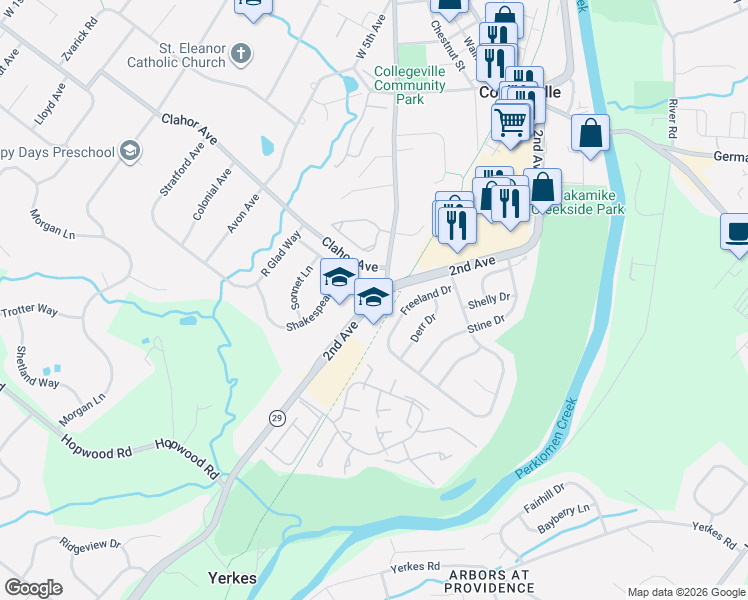 map of restaurants, bars, coffee shops, grocery stores, and more near 516 2nd Avenue in Collegeville
