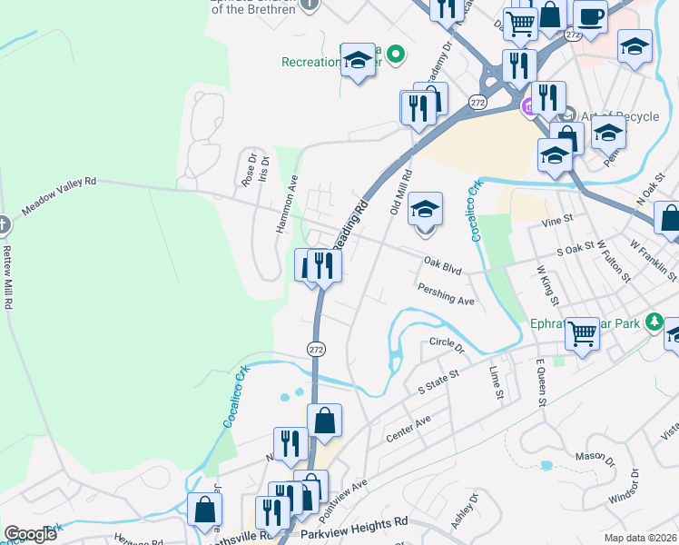 map of restaurants, bars, coffee shops, grocery stores, and more near Crystal Avenue in Ephrata