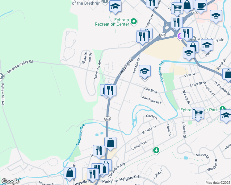 map of restaurants, bars, coffee shops, grocery stores, and more near Crystal Avenue in Ephrata
