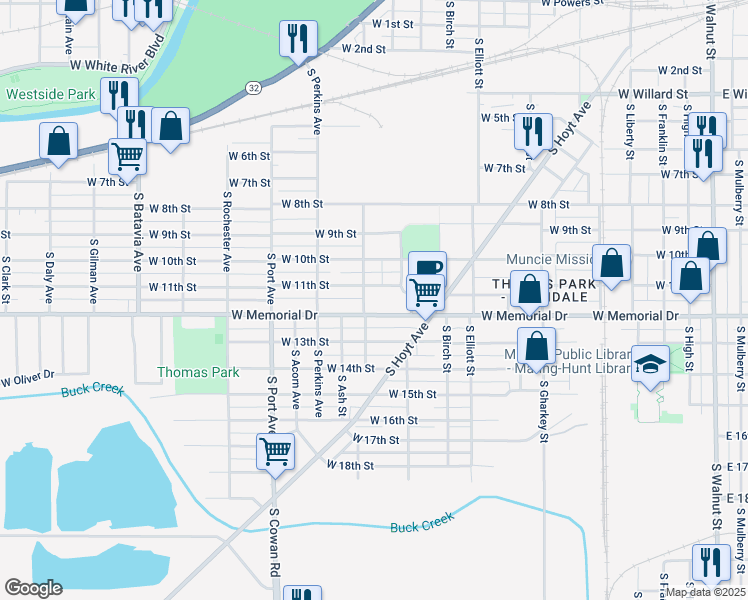 map of restaurants, bars, coffee shops, grocery stores, and more near 1300 West Memorial Drive in Muncie