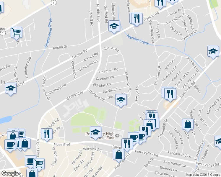 map of restaurants, bars, coffee shops, grocery stores, and more near 821 Fairfield Road in Fairless Hills